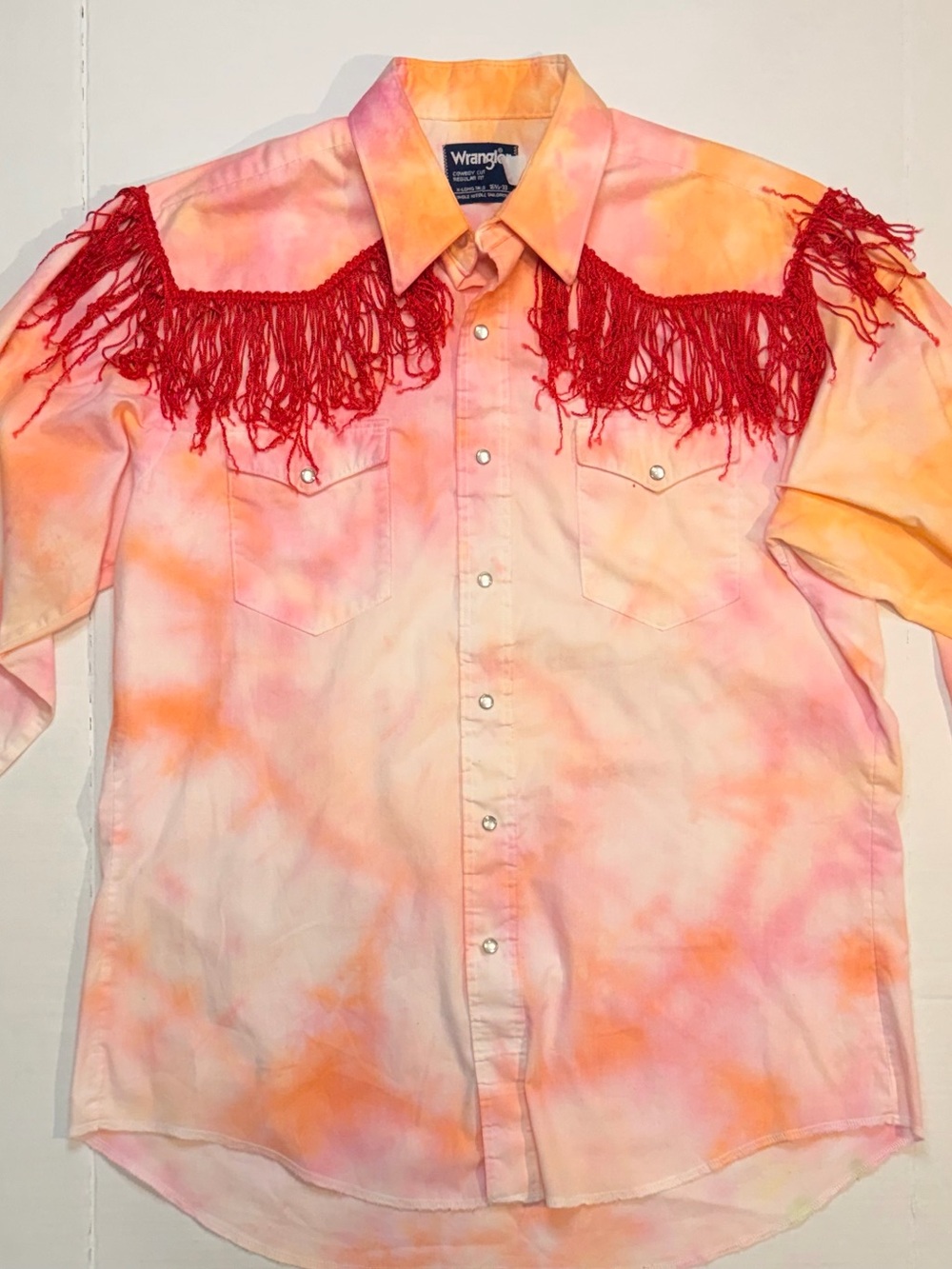 Vintage Wrangler Tie Dye Fringe Button Up Pearl Snap Rodeo Shirt Raw Hem